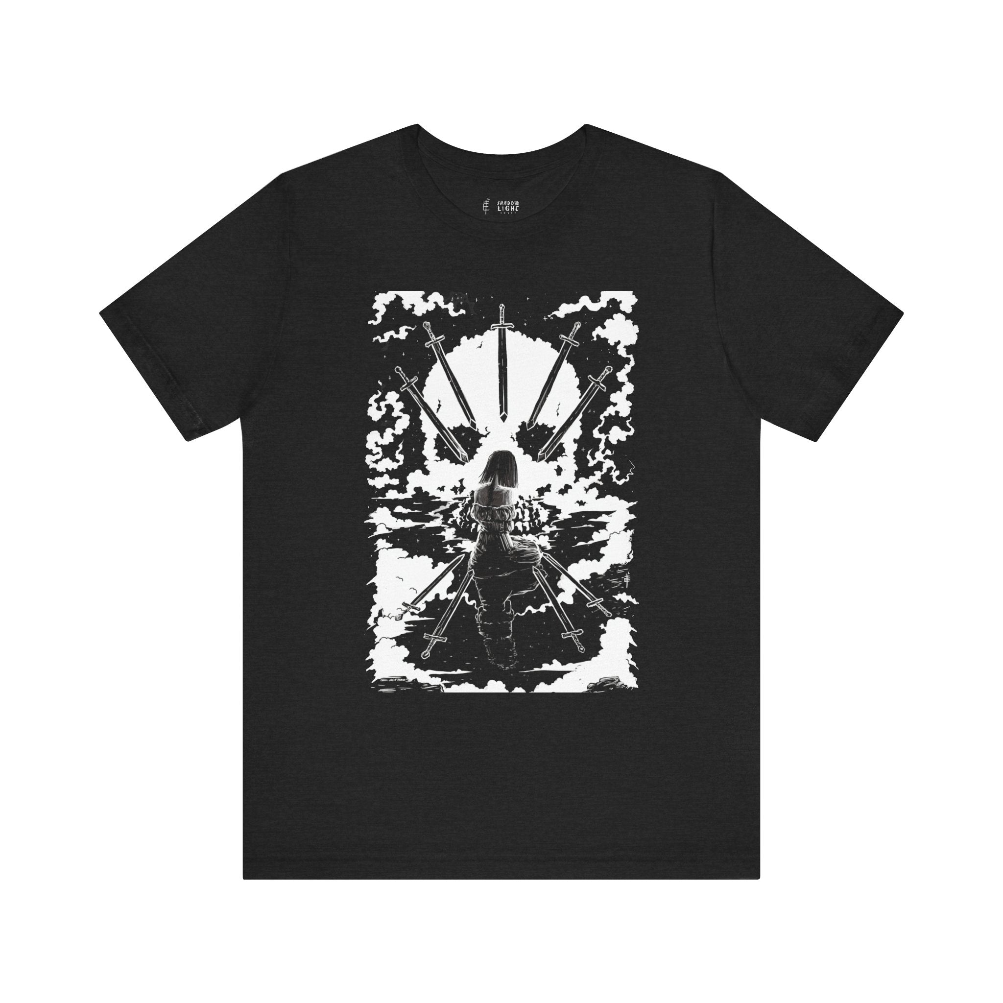 'NINE OF PENTACLES' SHADOW LIGHT TAROT CARD ART ON UNISEX JERSEY TEE